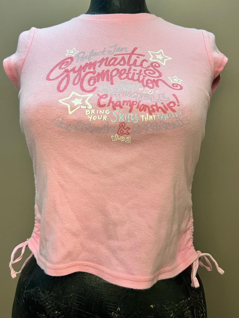 Y2K Limited Too Pink Gymnastics Glitter Graphic Tee Size Small Cinched Sides